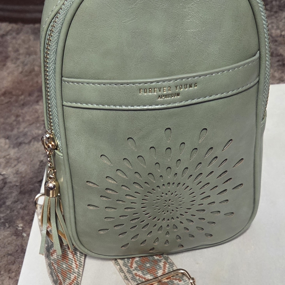 Forever Young Sage Green Mini Backpack with Laser-Cut Floral Detail